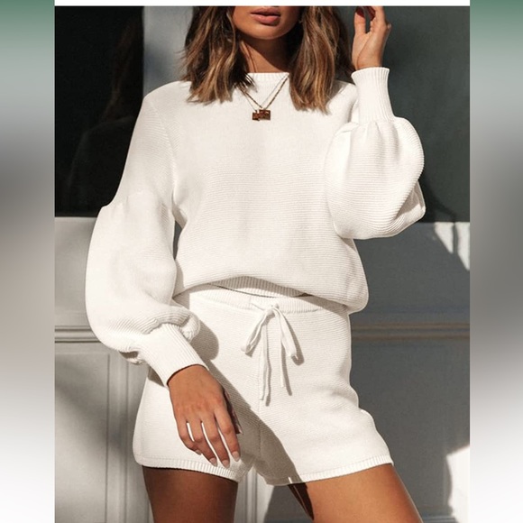 imesrun Womens Knit Pajamas Sets Lantern Long Sleeve Top and Drawstring Shorts - Picture 1 of 6